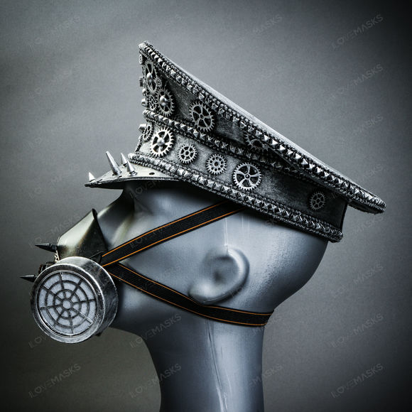 Metallic Silver Steampunk Captain Cap w/ Silver Party Gas mask Halloween Costume